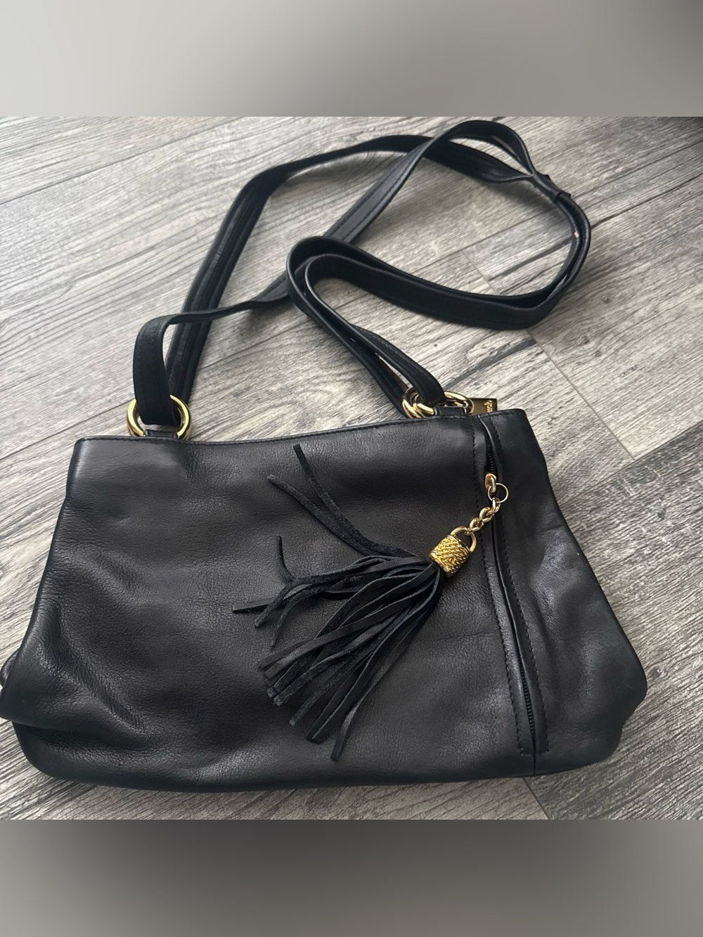Black Tignanello Leather Tassel Crossbody Bag